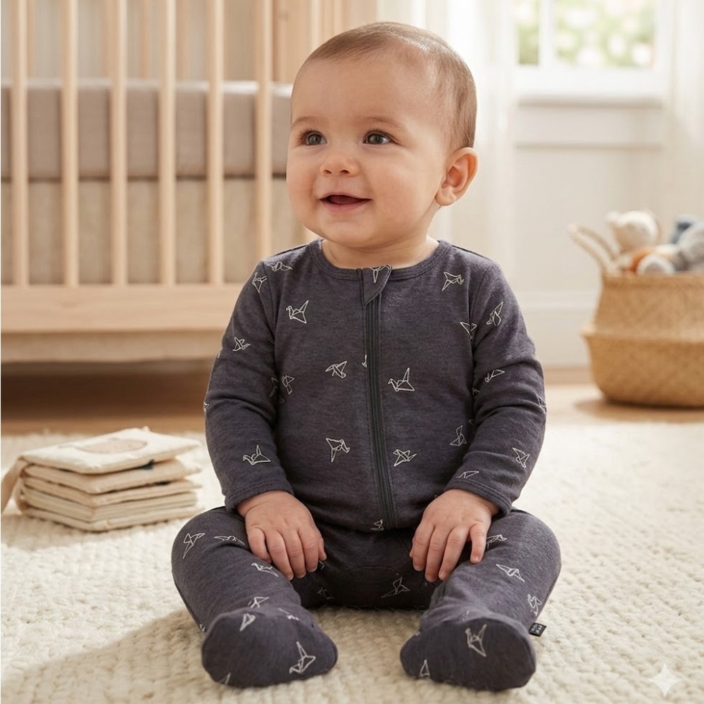Cozy Charcoal Baby Footie with Origami Design